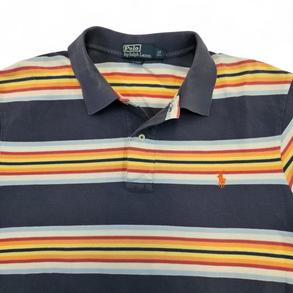 Polo Ralph Lauren Striped Polo Shirt L Tall Orange Pony Logo Cotton Casual Retro - Picture 3 of 6